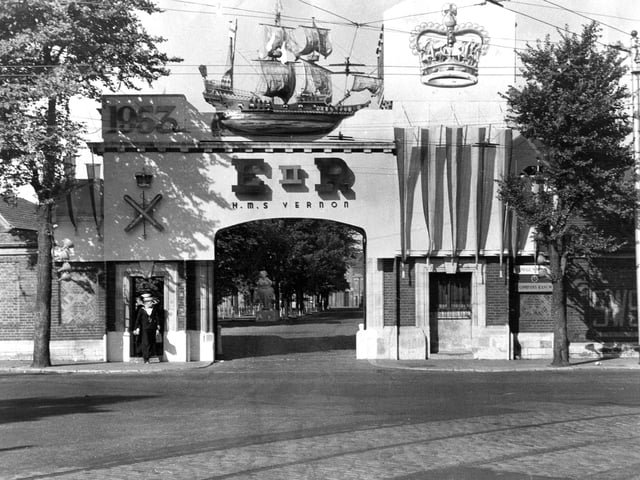 HMS Vernon entrance 1953
This is how HMS Vernon in Portsmouth celebrated Coronation Year, 1953. The News PP4256