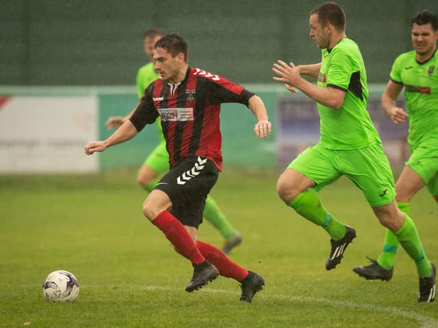 Luke Slade on his way to scoring one of his four goals in Fareham's 7-1 destruction of Wessex leaders Alresford. Picture: Keith Woodland.