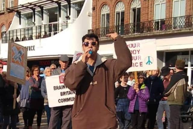 Joe Ward speaking Speaking at a Stand Up X rally in 2020.