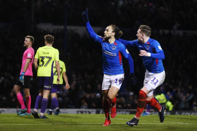 Portsmouth's Marcus Harness scores during the Blues' dramatic EFL Trophy semi-final win against Exeter in February 2020.