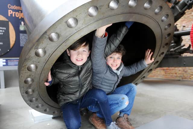 Pictured is: (l-r) Jack Blackwell (9) and Louis Smith (9) both from Bishop's Waltham, explore Fort Nelson.  Picture: Sarah Standing (170220-7824)