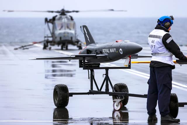 Fixed-wing drones – called the QinetiQ Banshee Jet 80+ – flew from the carrier’s vast flight deck to study how they can be used to train personnel in defending against ever-more capable fast jets and missiles.