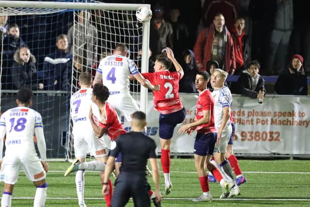 Joe Oastler heads just wide against Ebbsfleet. Picture by Dave Haines