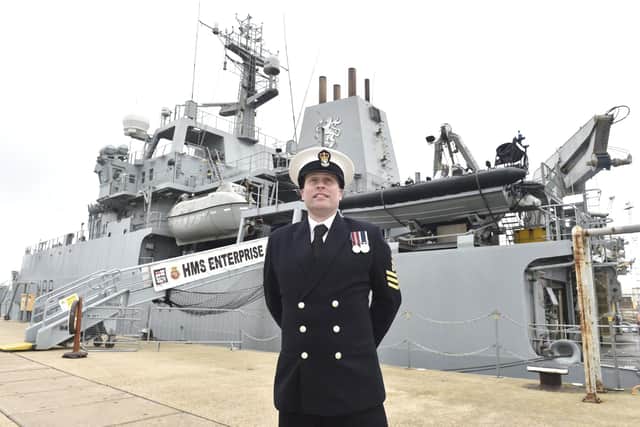 On Thursday, March 30, 2023 HMS Enterprise decommissioning ceremony took place at Portsmouth Naval Base.

Pictured is: Petty Officer Adam Coleman-Smith.

Picture: Sarah Standing (300323-1833)
