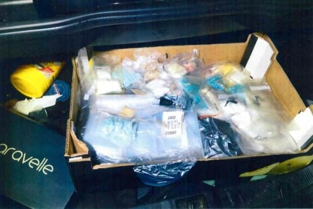 Henry Thomas Henderson, aged 56 years, of The Rogers in Shanklin, was sentenced to 9 and a half years in prison for drugs offences.
Picture shows pills and powders recovered from the boot of the car parked outside his address.