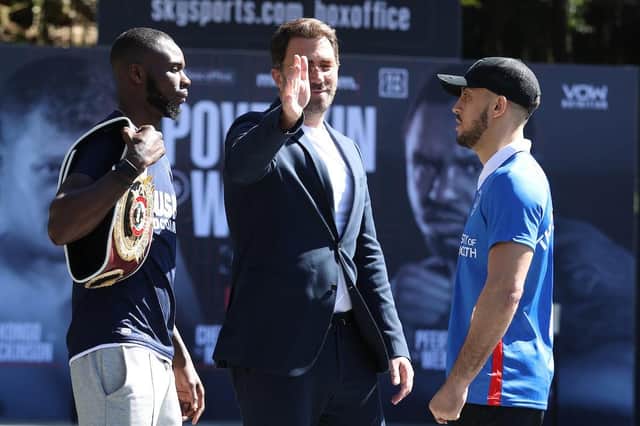 Chris Kongo, left, and Mikey McKinson, right, had a fiery first face-off yesterday. Picture: Mark Robinson/Matchroom Boxing