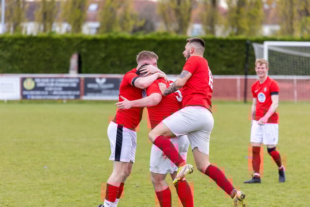 Gosport Town celebrate after scoring during their 4-0 victory over Lee Rangers in the Portsmouth & District FA Trophy final at Cams Alders. Picture: Alex Shute
