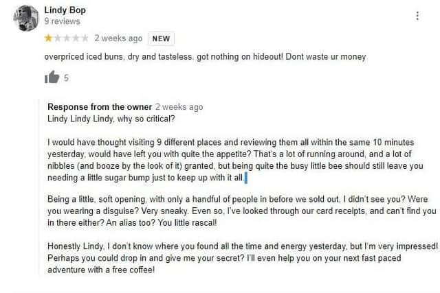 One of the responses to a Google review of Sticky Boy Donuts in Southsea