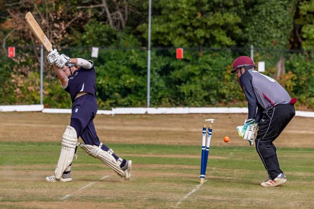 Flying bails means Waterlooville lose a wicket in their successful SPL T20 run chase at Portsmouth & Southsea. Picture: Mike Cooter