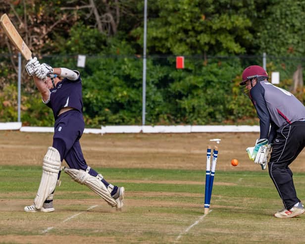 Flying bails means Waterlooville lose a wicket in their successful SPL T20 run chase at Portsmouth & Southsea. Picture: Mike Cooter