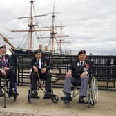 D-Day veterans from left: George Chandler, Joe Cattini, John Dennet and Jack Quinn are welcomed to the Portsmouth Historic Dockyard to commemorate the 77th anniversary of the Normandy Landings. Picture date: Sunday June 6, 2021. Picture: Steve Parsons/PA Wire