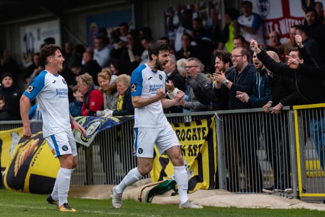 Matt Paterson, right, celebrates a goal for Hawks against Harrogate in 2019. Picture: Vernon Nash