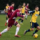 Connor Hoare, right, in action for Moneyfields in the Southern League in 2019/20. Picture: Duncan Shepherd