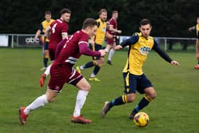 Connor Hoare, right, in action for Moneyfields in the Southern League in 2019/20. Picture: Duncan Shepherd