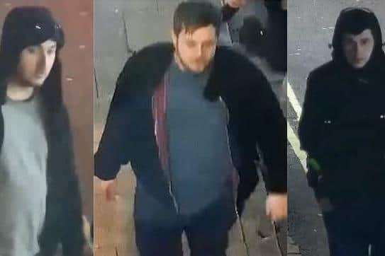 Officers wish to speak to three men connected to an assault where the victim was attacked with a glass bottle, suffering a fractured skull and a brain bleed. Picture: Hampshire Constabulary.