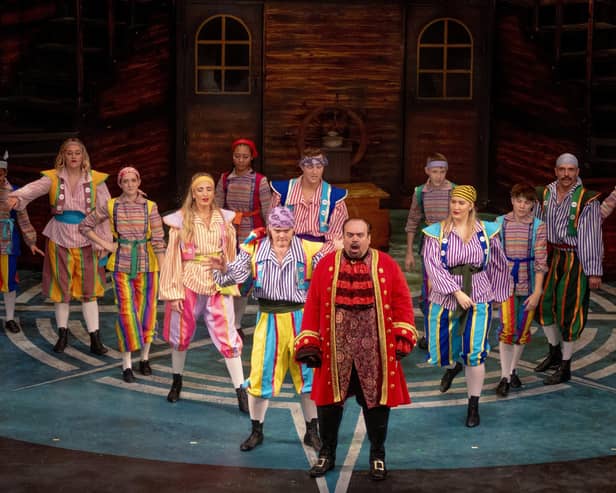 Hook is the Kings Theatre pantomime for 2023, starring Shaun Williamson as Hook; James 'Arg' Argent as Peter Pan; Jack Edwards as Mrs Smee; Georgia Deloise as Wendy; Elizabeth Rose as tinkerbell; Julia Worsley as Mother and Gemma The Mermaid.
Picture by Alan Bound for The Kings Theatre