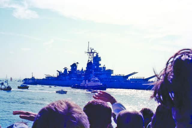 USS Iowa arrives for her 1986 visit to Portsmouth. Picture: Tim King