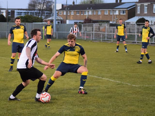 Jake Knight, foreground right against Hayling United last night, is still protecting an unbeaten record after Moneyfields Reserves' opening four L4 Teamwear Challenge Cup ties against higher division opponents. Picture: Dan (JMA Media).