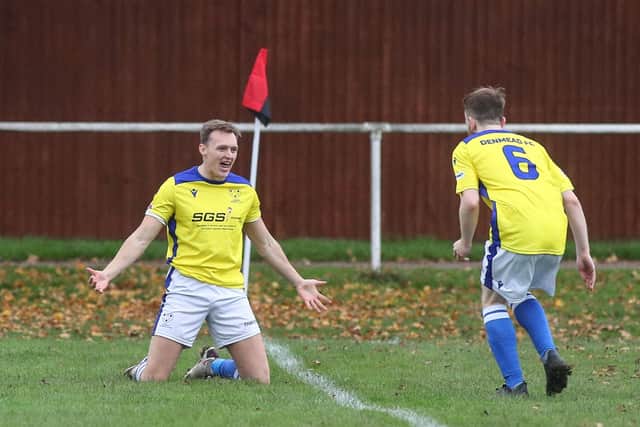 Kieran Hammond celebrates after firing Denmead ahead at Locks Heath. Picture: Stuart Martin (220421-7042)