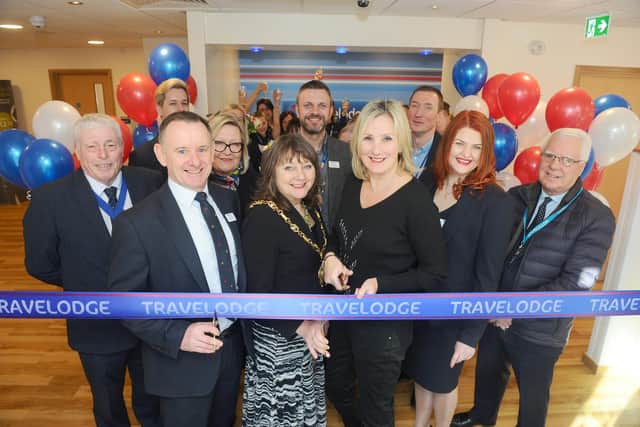 From left, the mayor of Gosport's consort Kevin Jones, Travelodge regional director Bryn Taylor, mayor of Gosport Cllr Kathleen Jones, Gosport MP Caroline Dinenage, Gosport Travelodge hotel manager Irita Zigure and Cllr. John Beavis. Picture: Sarah Standing (270220-8933)