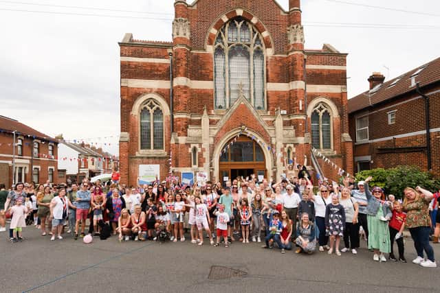 Powerscourt Road residents outside North End Baptist Church celebrating the Queen's Platinum Jubilee. Picture: Keith Woodland (030621-34).
