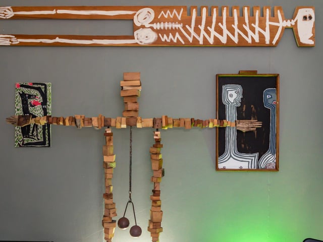 One of Ian Parmiter's most prominent pieces is called 'Big Balls' - depicting a man in the crucifix position with a set of cast iron privates. Mr Parmiter said as well as support from others, sometimes you need them to pick yourself up off the floor. Picture: Mike Cooter (081022).
