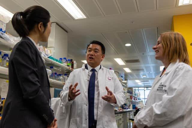 Alan Mak MP with Cancer Research UK CEO Michelle Mitchell (right) and  Leanne Li, Group Leader in the Cancer Neuroscience Laboratory at The Francis Crick Institute
