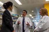 Alan Mak MP with Cancer Research UK CEO Michelle Mitchell (right) and  Leanne Li, Group Leader in the Cancer Neuroscience Laboratory at The Francis Crick Institute