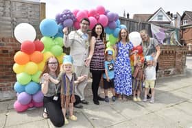 From left, nursery manager Abbie Hendry, Atlas Zissou (3), The Lord Mayor and Lady Mayoress of Portsmouth Cllr Tom Coles and Nikki Coles, Lennon Garvey, four, nursery owner Lucy Whitehead, Zephyr Zissou, three, Isla Mundy, four, and operations manager Emma Fowles Picture: Sarah Standing (270623-5612)