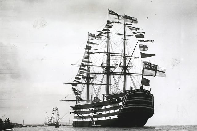 HMS Victory adorned with flags for a naval review at Spithead, England, 1902. (Photo by Hulton Archive/Getty Images)
