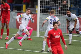 Hawks captain Joe Oastler cannot contain his delight after netting in last weekend's win over Ebbsfleet Picture: Dave Haines