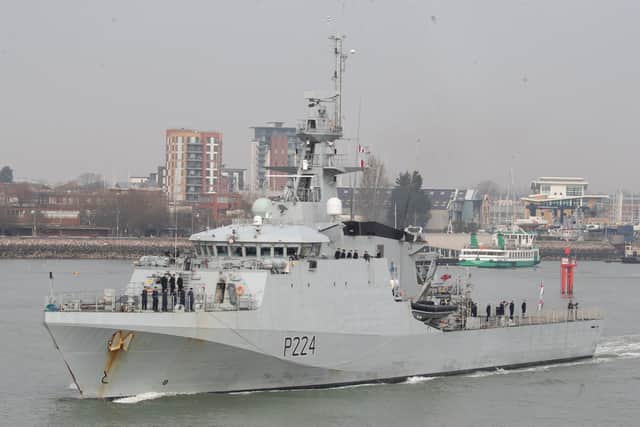 The Royal Navy patrol ship HMS Trent leaves Portsmouth Naval Base, heading for deployment in Gibraltar. Picture date: Wednesday March 31, 2021. Picture: Andrew Matthews/PA Wire