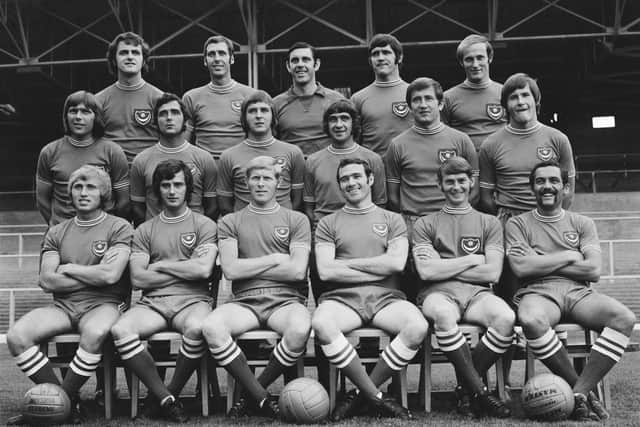 Portsmouth FC, August 1971. Back (from left) Colin Blant, Ray Hiron, John Milkins, Eoin Hand, Richie Reynolds. Middle - David Munks, Brian Bromley, John Collins, Fred Smith, Mick Travers, George Ley. Front: Albert McCann, Norman Piper, Ray Pointer, Jim Storrie, Nicky Jennings, Mike Trebilcock.  Photo by Chris Wood/Daily Express/Getty Images)