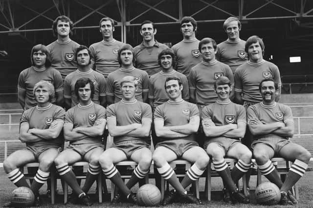 Portsmouth FC, August 1971. Back (from left) Colin Blant, Ray Hiron, John Milkins, Eoin Hand, Richie Reynolds. Middle - David Munks, Brian Bromley, John Collins, Fred Smith, Mick Travers, George Ley. Front: Albert McCann, Norman Piper, Ray Pointer, Jim Storrie, Nicky Jennings, Mike Trebilcock. Photo by Chris Wood/Daily Express/Getty Images)