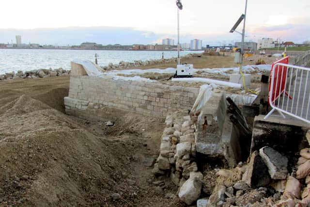 Areas of the wall that were exposed and concrete removed by hydro demolition
