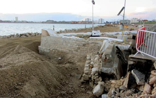 Areas of the wall that were exposed and concrete removed by hydro demolition