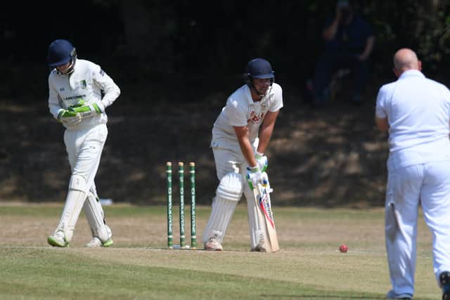Ben Stanbrook is bowled by Sarisbury's Phil Jewell during the Hampshire final of the National Village Cup. Picture: Neil Marshall.