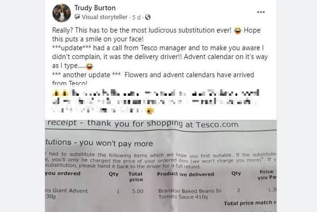 Portsmouth woman Trudy Burton said it was 'ludicrous' that Tesco delivered two tins of Branston beans in her online shop instead of a chocolate advent calendar. Picture: Facebook