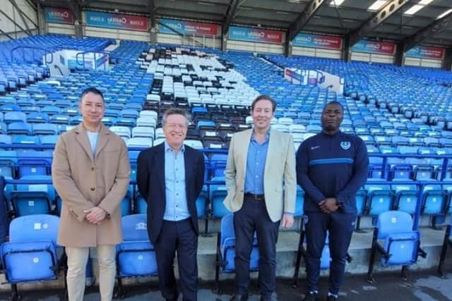 Pompey and Andrew Cullen back Community Inclusion Grant. 

From left: James Gagliardini, Community Engagement and Inclusion Programme Manager at Portsmouth City Council Andrew Cullen, Chief Executive, Portsmouth Foodball Club Cllr Chris Attwell, Cabinet Member for Communities and Central Services, Portsmouth City Council Duke Harrison-Hunter, Equality, Diversity & Inclusion Coordinator, Pompey In The Community