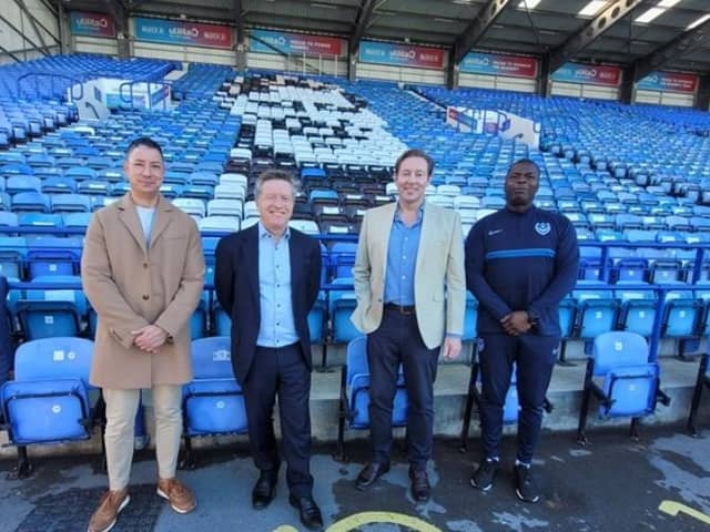 Pompey and Andrew Cullen back Community Inclusion Grant. 

From left: James Gagliardini, Community Engagement and Inclusion Programme Manager at Portsmouth City Council Andrew Cullen, Chief Executive, Portsmouth Foodball Club Cllr Chris Attwell, Cabinet Member for Communities and Central Services, Portsmouth City Council Duke Harrison-Hunter, Equality, Diversity & Inclusion Coordinator, Pompey In The Community
