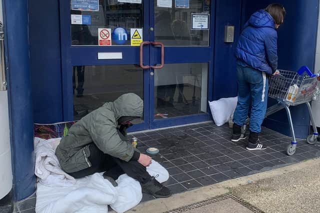A street homeless man outside LSI Portsmouth just next to the council-purchased block in St Michael's Road on March 22, 2021.