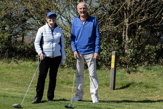 Cams Hall Golf Club men's captain Ed Woodhouse, right, and ladies captain Sue Reynolds getting ready to tee off on the course again this morning.