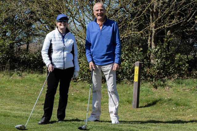 Cams Hall Golf Club men's captain Ed Woodhouse, right, and ladies captain Sue Reynolds getting ready to tee off on the course again this morning.