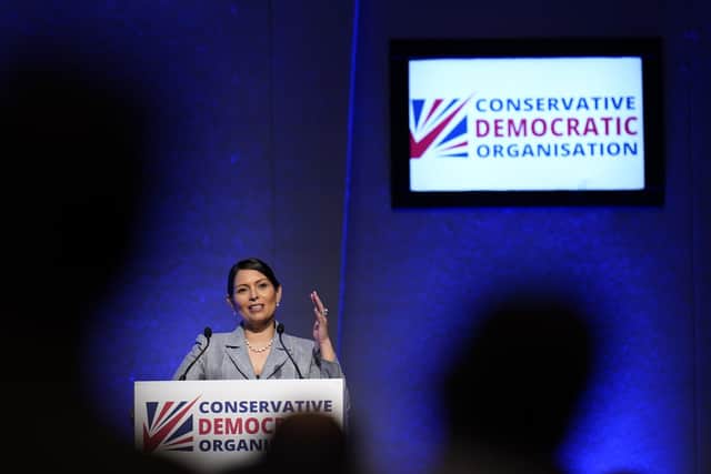 Priti Patel makes a speech during the Conservative Democratic Organisation conference at Bournemouth International Centre. Picture date: Saturday May 13, 2023. PA Photo. Photo credit should read: Andrew Matthews/PA Wire 