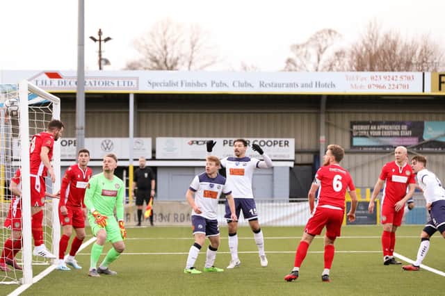 Sam Magri, far right, heads Havant and Waterlooville into a 2-0 lead against Hungerford Town. Picture: Chris Moorhouse
