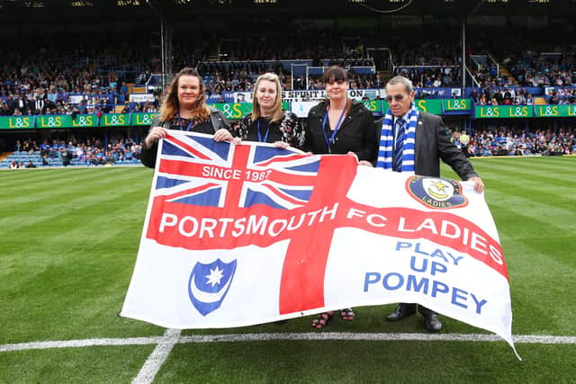 Mick Williams (far right) has served as owner and chairman of Pompey Ladies. Seen here paying his respects following the death of their president, Dave Coyle, in September 2016. Picture: Joe Pepler