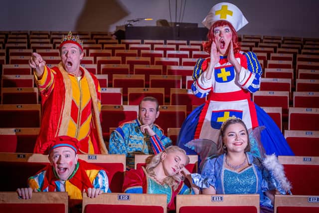 Pictured: Cast members, Edward Baker-Duly as the King, Ashley Emerson as the Prince, Michael Neilson as Nurse Nellie, Kevin James as Chester the Jester, Amy Everett as Sleeping Beauty and  Ella Rose Thomas as the fairy
Picture: Habibur Rahman