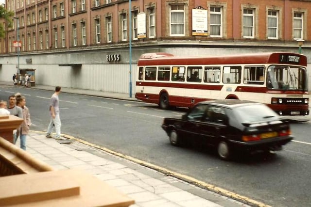 A Hartlepool Corporation bus passing a closed down Binns in  1992. Photo: Hartlepool Library Service.