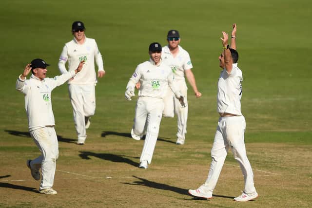 Kyle Abbott celebrates one of his 71 Championship wickets for Hampshire in 2019. Photo by Alex Davidson/Getty Images.