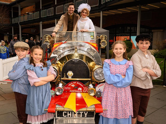 Pictured is: Caractacus Potts with Truly Scrumptious and the children who will play Jemima and Jeremy Potts.Picture: Keith Woodland (180321-29)